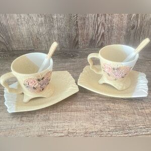 Vintage Floral Ceramic Tea Cup and Saucer Set - Beige with Pink & Purple Roses